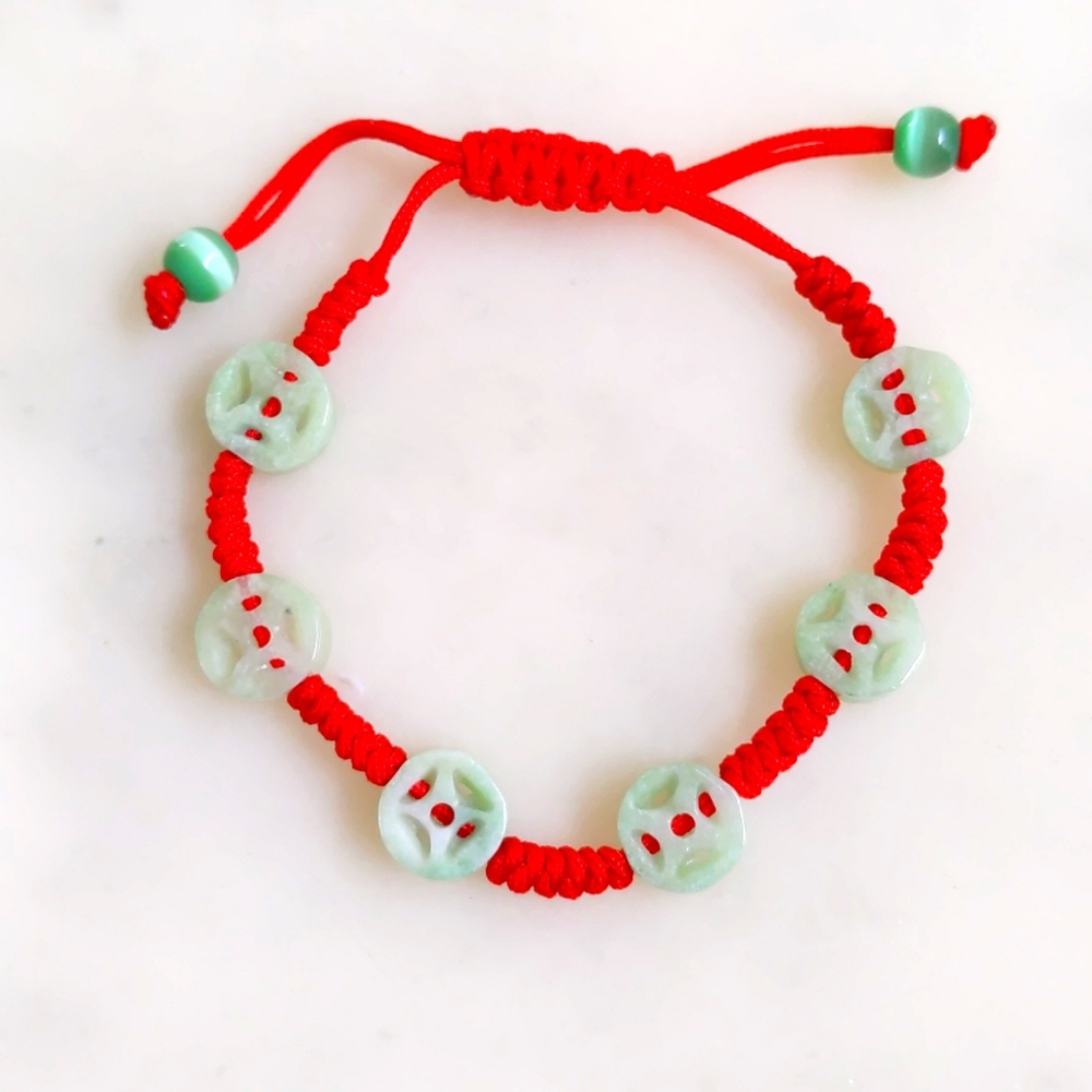 NWT. Vintage Jade Six Chinese Carved Coins (10mm) For Wealth Bracelet.